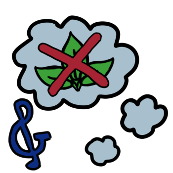 A thought bubble with the endogenic three-leaf symbol. It has a big red X overtop of it. Next to the thought bubble is a blue treblesand.